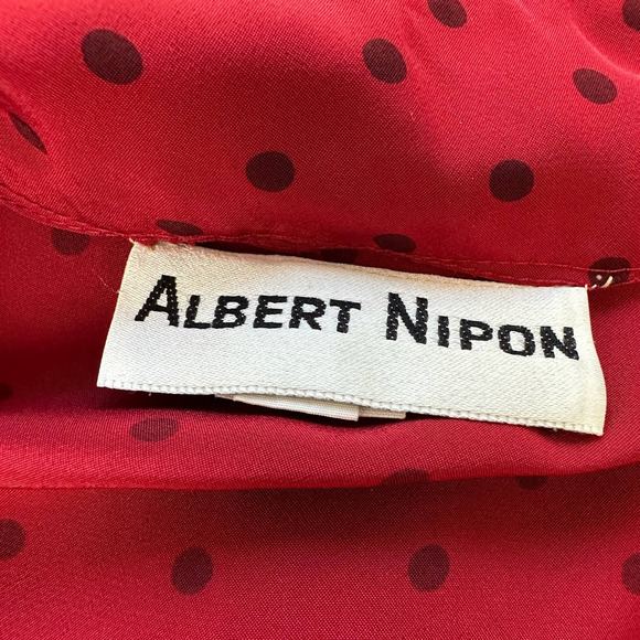 SOLD Vintage 70s 80s Albert Nipon Midi Shirt Dress Red polkadot pleated small - Picture 13 of 16